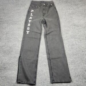 Playboy by PacSun Womens Washed Black Straight Leg Slit Hem Logo Jeans Size 26